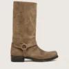 Men's high Biker boots in dark beige waxed suede with strap and a silver-colored buckle