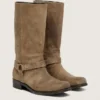 Men's high Biker boots in dark beige waxed suede with strap and a silver-colored buckle