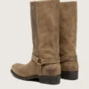 Men's high Biker boots in dark beige waxed suede with strap and a silver-colored buckle