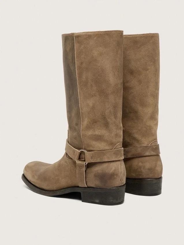 Men's high Biker boots in dark beige waxed suede with strap and a silver-colored buckle