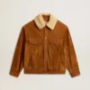 Men's jacket in tobacco-colored split leather with a shearling collar