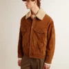 Men's jacket in tobacco-colored split leather with a shearling collar