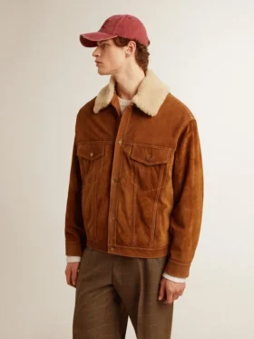 Men’s jacket in tobacco-colored split leather with a shearling collar
