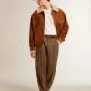 Men's jacket in tobacco-colored split leather with a shearling collar