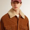 Men's jacket in tobacco-colored split leather with a shearling collar
