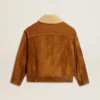 Men's jacket in tobacco-colored split leather with a shearling collar