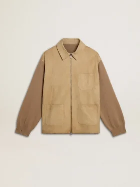 Men's jacket in travertine-colored nubuck leather with wool-blend sleeves and back