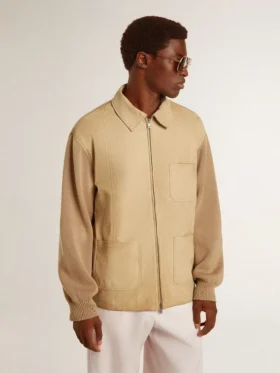 Men’s jacket in travertine-colored nubuck leather with wool-blend sleeves and back