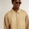 Men's jacket in travertine-colored nubuck leather with wool-blend sleeves and back
