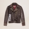 Men's leather biker jacket with hammered studs and adhesive tape