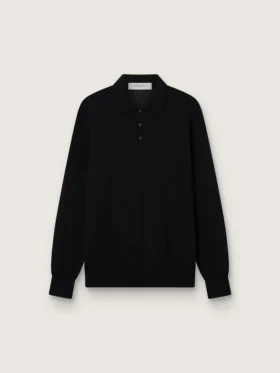 Men’s long-sleeved polo shirt in black merino wool