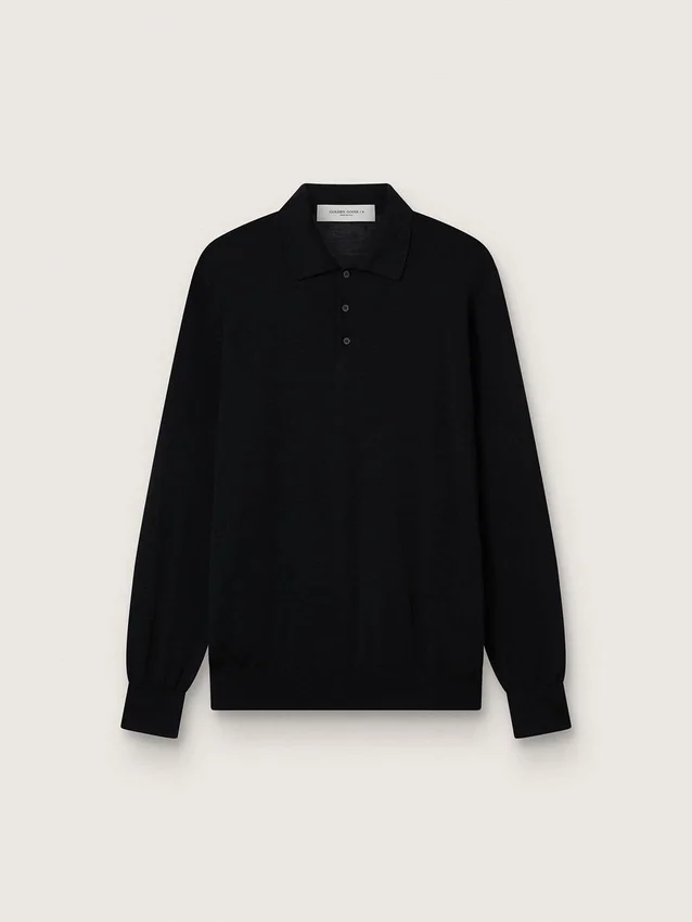 Men’s long-sleeved polo shirt in black merino wool
