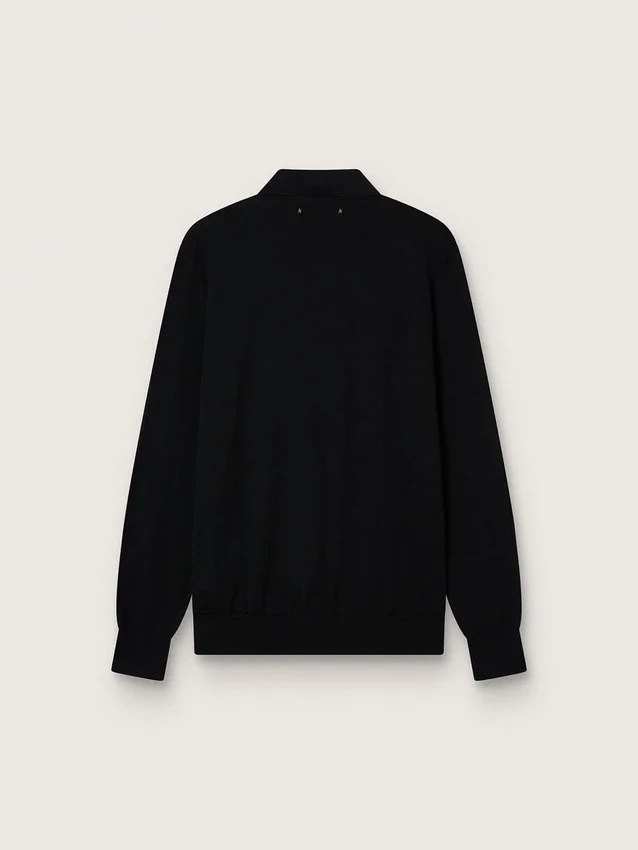 Men’s long-sleeved polo shirt in black merino wool