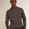 Men’s long-sleeved polo shirt in gray merino wool