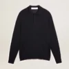 Men’s long-sleeved polo shirt in navy-blue merino wool