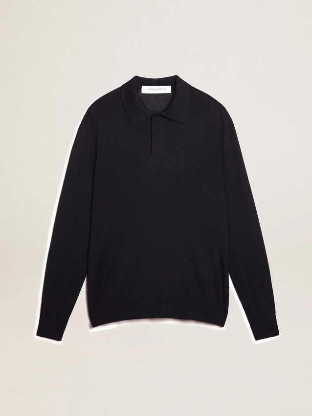 Men’s long-sleeved polo shirt in navy-blue merino wool