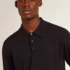 Men’s long-sleeved polo shirt in navy-blue merino wool