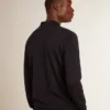 Men’s long-sleeved polo shirt in navy-blue merino wool