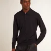 Men’s long-sleeved polo shirt in navy-blue merino wool