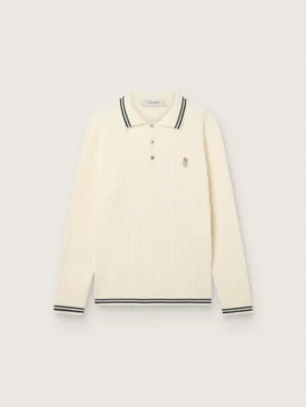 Men’s long-sleeved polo shirt in white knit with contrasting edges and removable pin