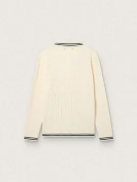 Men’s long-sleeved polo shirt in white knit with contrasting edges and removable pin