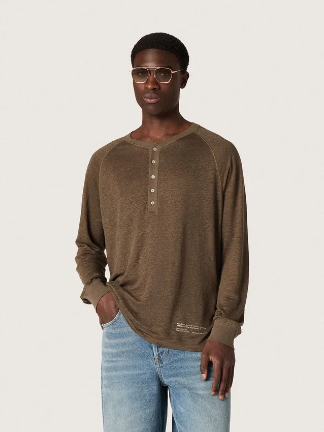 Men's long-sleeved sweater in tortoiseshell-brown linen jersey