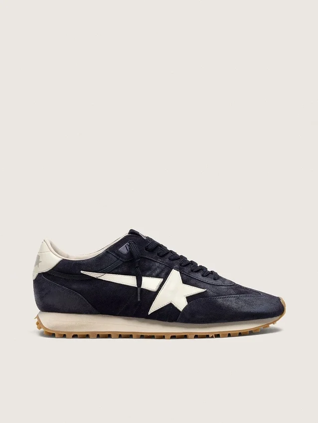 Men’s Marathon in blue navy suede with white leather star and heel tab