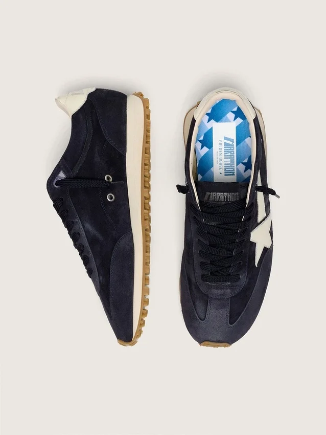 Men’s Marathon in blue navy suede with white leather star and heel tab