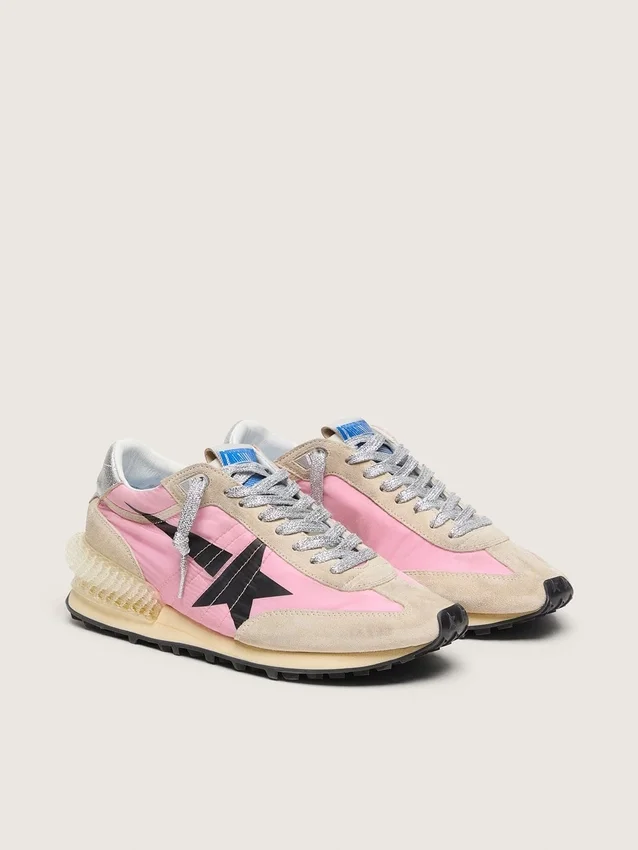 Women's Marathon in pink nylon and beige suede with black printed star