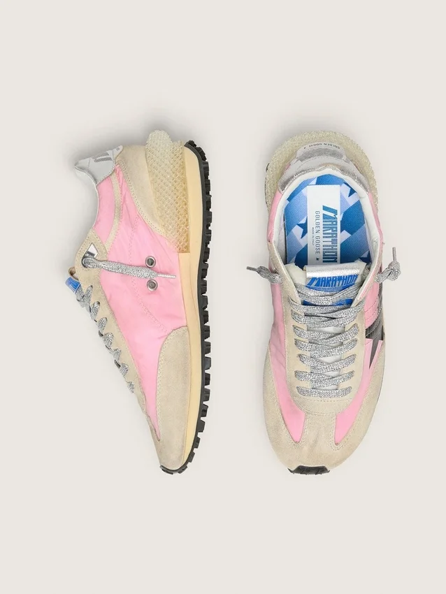 Women's Marathon in pink nylon and beige suede with black printed star