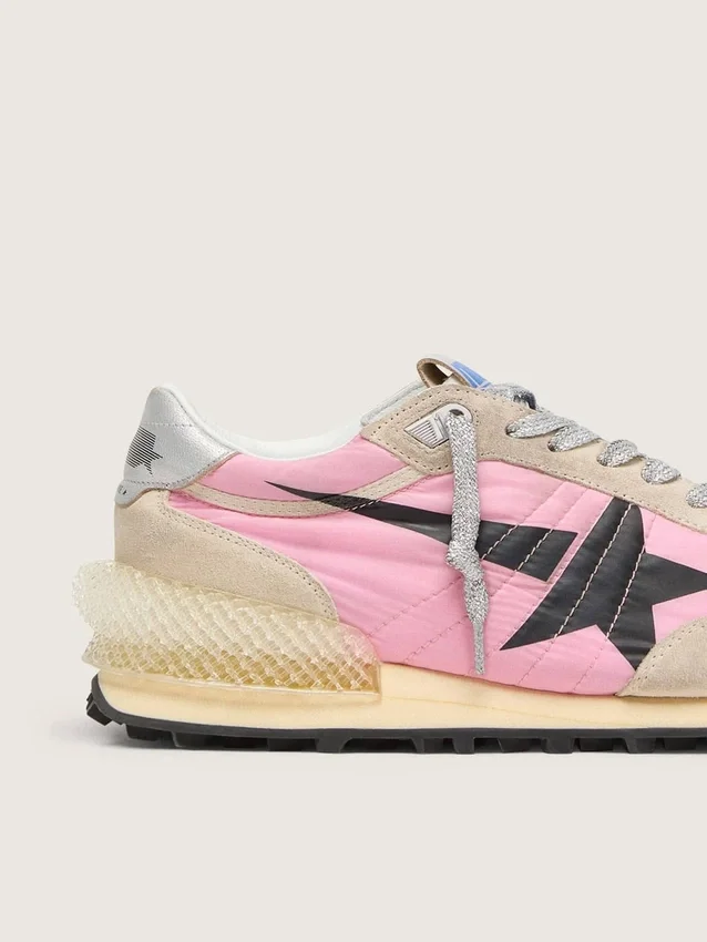 Women's Marathon in pink nylon and beige suede with black printed star