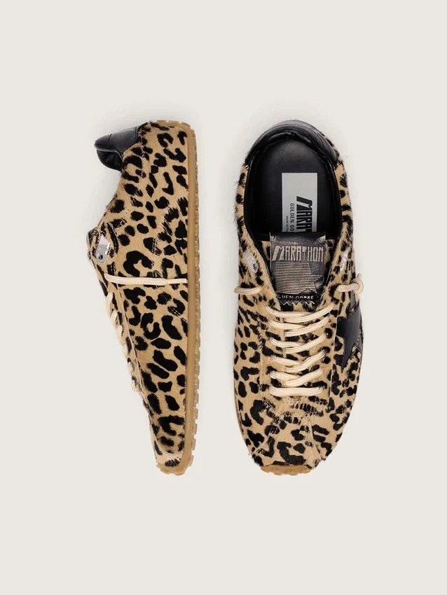 Men's Marathon Speed in beige and black leopard-print pony skin with black leather star