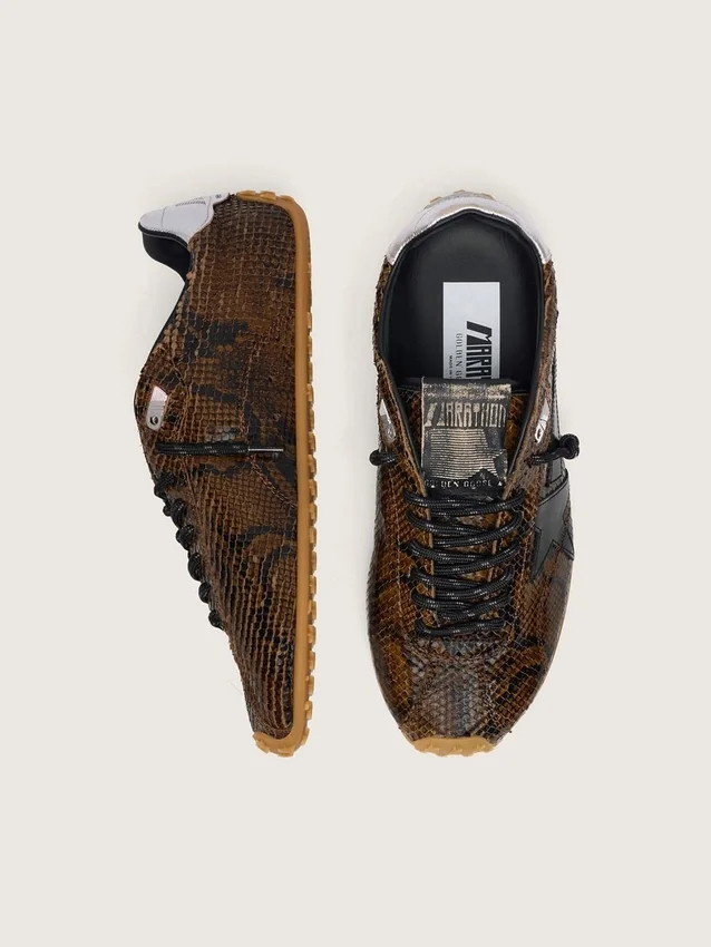Men's Marathon Speed in leather with brown snake print, black star and silver leather heel tab