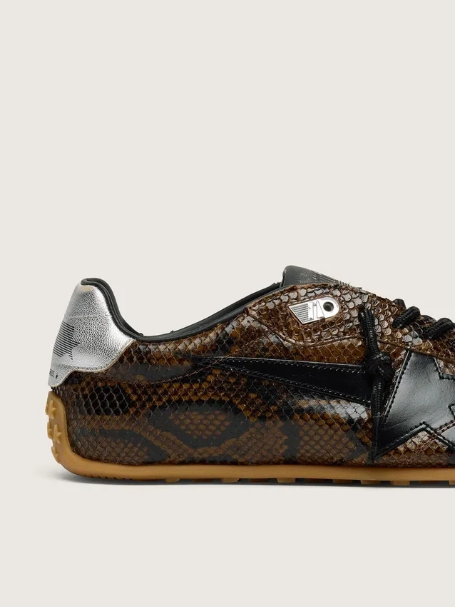 Men's Marathon Speed in leather with brown snake print, black star and silver leather heel tab