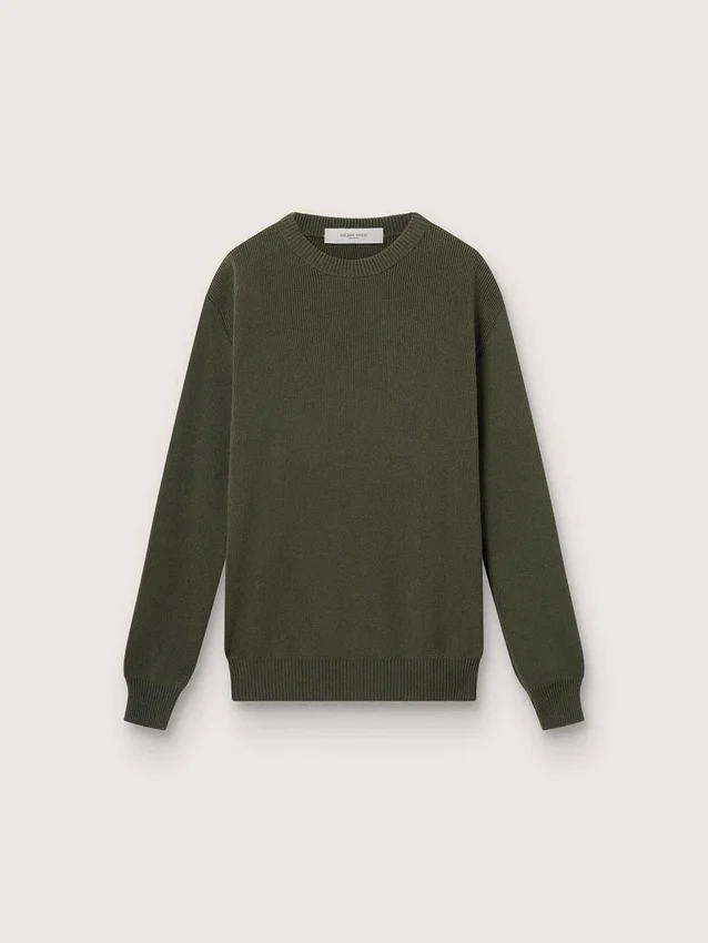 Men's military green crew neck sweater with 'Golden' lettering on the back