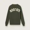 Men's military green crew neck sweater with 'Golden' lettering on the back