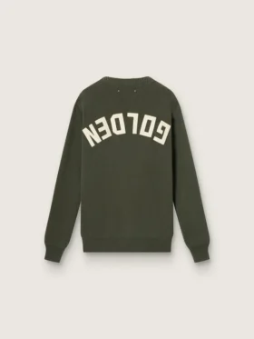 Men’s military green crew neck sweater with ‘Golden’ lettering on the back