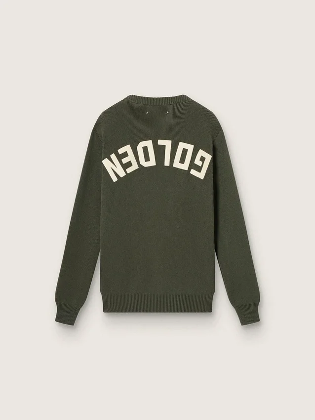 Men's military green crew neck sweater with 'Golden' lettering on the back