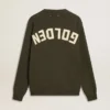 Men's military green crew neck sweater with 'Golden' lettering on the back