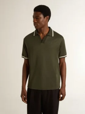 Men’s military-green jersey polo with embroidery