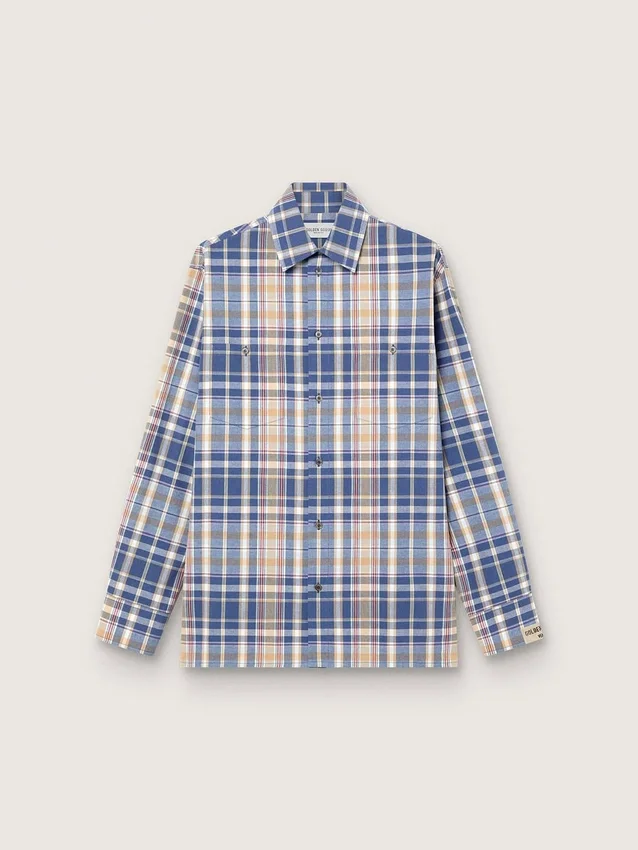 Men's oversized shirt in indigo and beige checked cotton