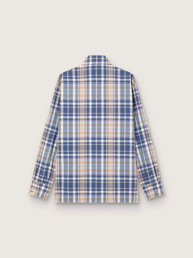 Men's oversized shirt in indigo and beige checked cotton