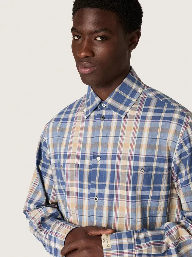 Men's oversized shirt in indigo and beige checked cotton