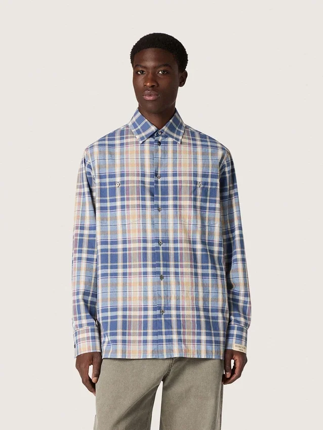 Men's oversized shirt in indigo and beige checked cotton
