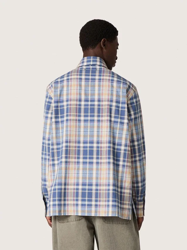 Men's oversized shirt in indigo and beige checked cotton