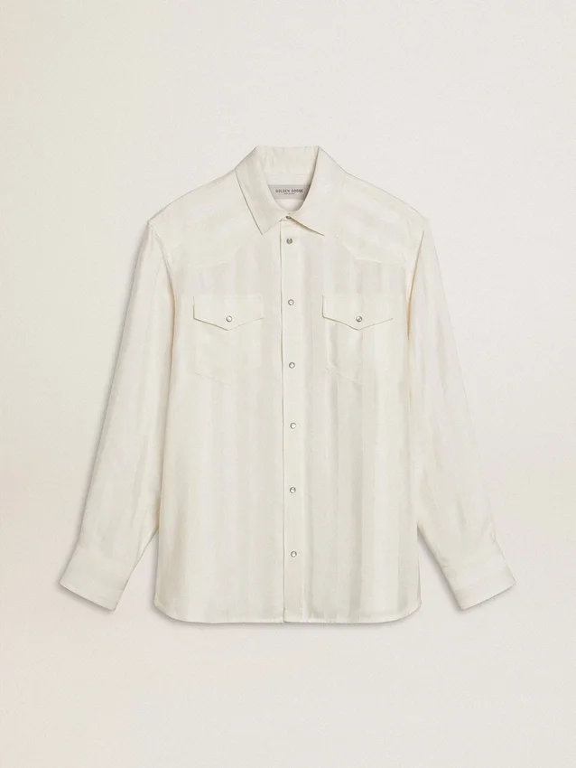 Men’s oversized worn-white shirt with vertical stripes