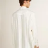 Men’s oversized worn-white shirt with vertical stripes