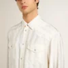 Men’s oversized worn-white shirt with vertical stripes