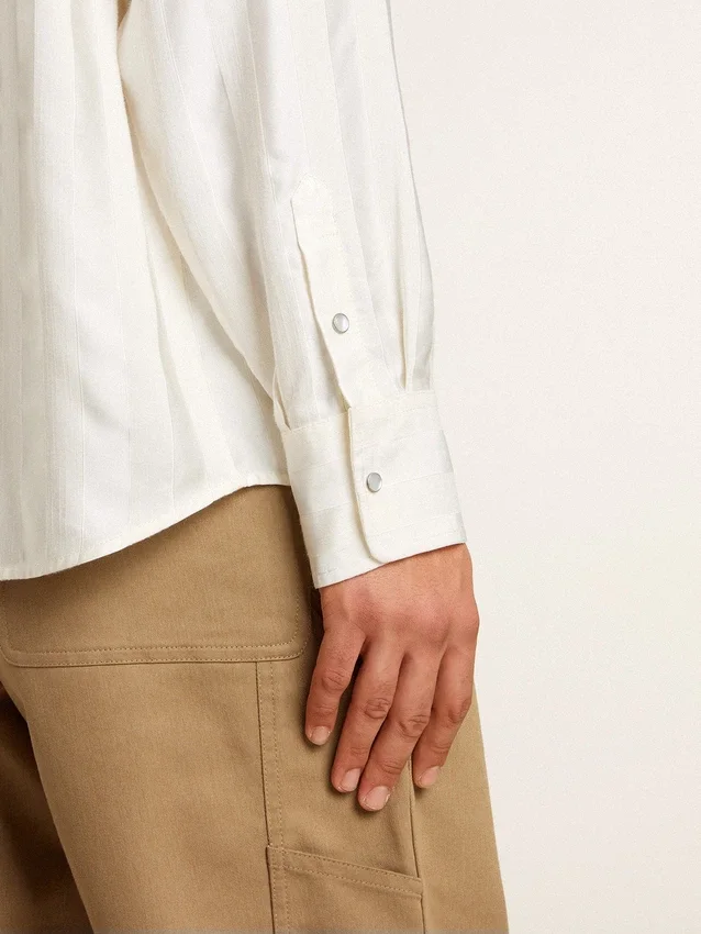 Men’s oversized worn-white shirt with vertical stripes