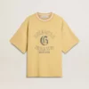 Men's oversized yellow cotton T-shirt with blue print